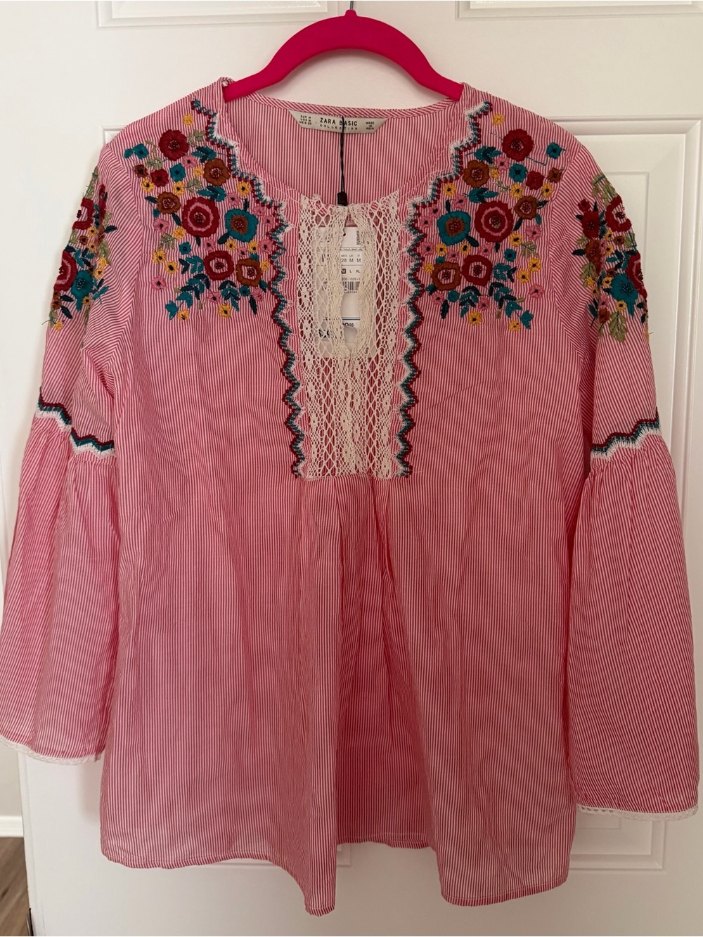 Zara Pink Striped Tunic with Multicolor Floral Embroidery - Picture 1 of 7